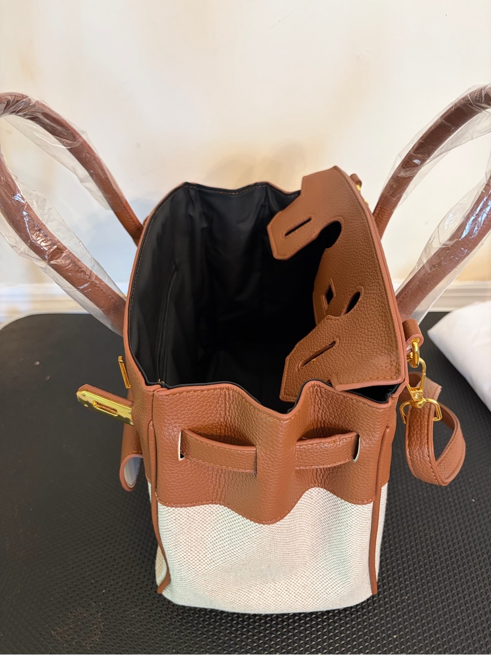 Structured vegan leather and canvas cargo top Handle Satchel - Picture 10 of 11